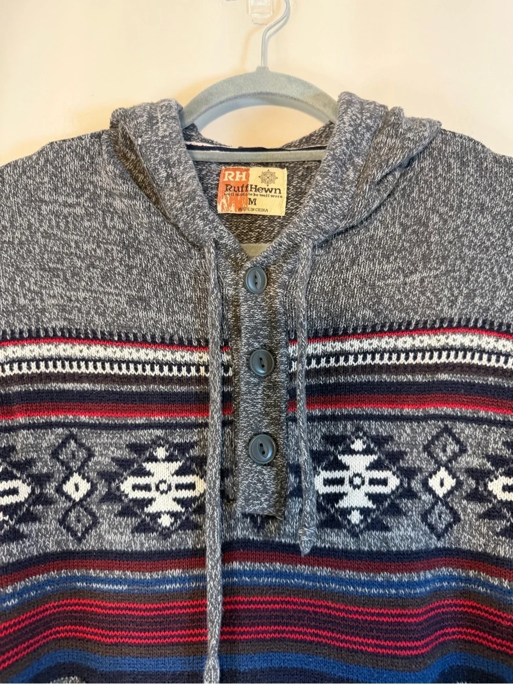 Ruff Hewn Gray Hooded Crewneck Sweater with Red and Navy Stripes